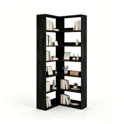 Bibliothèque d'angle à 6 niveaux, bibliothèque d'angle en bois rustique avec rangement ouvert, tablette en L peu encombrante pour le salon, la chambre à coucher et le bureau à domicile