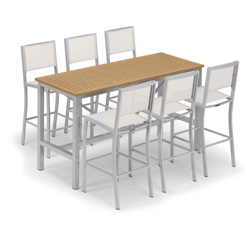 Travira 7-Piece Bar Table and Sling Bar Chair Rectangular Dining Set - 72"x30", Natural Sling, Silver/Light brown