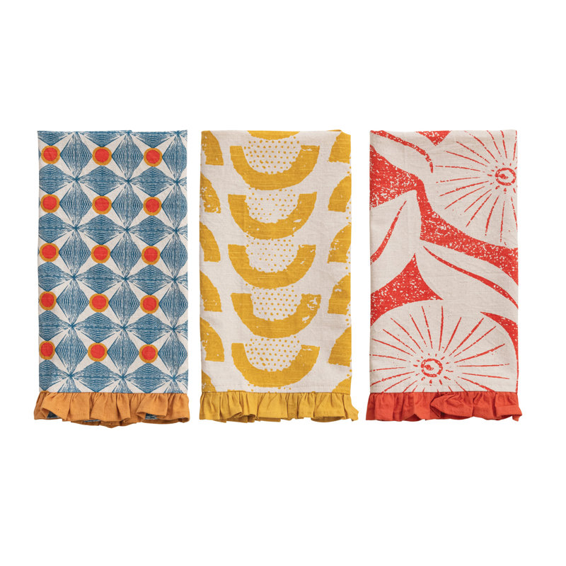 Cotton Printed Tea Towel Set With Ruffle