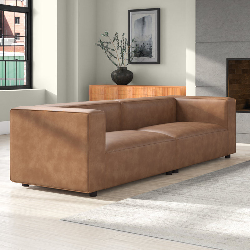 Sahima Upholstered 110'' Sofa, Brown Faux Leather