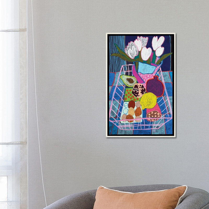 «Pink Basket Still Life», reproduction d'art sur toile encadrée, 26" x 18", Framed Canvas, Distressed White