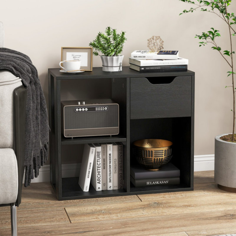 3-Cube Bookcase 2-tier Wooden Storage Shelf with Pull-out Drawer, Black
