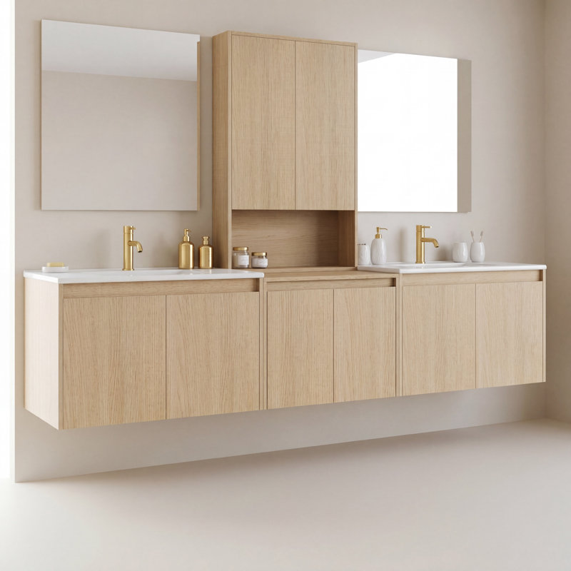 Meuble-lavabo double 84 po avec armoire supérieure, lavabo en céramique et conception sans poignée 84 po, Ash Tree, 84"