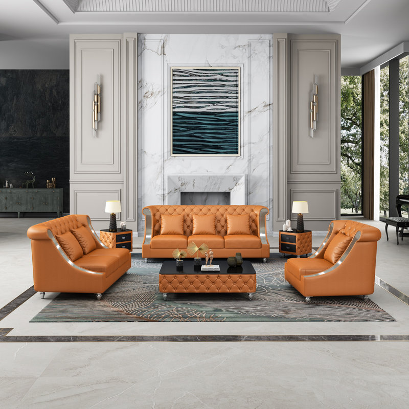Mayfair 3 Piece Leather Living Room Set, Cognac