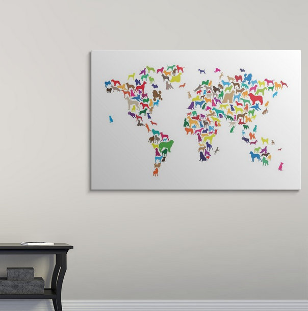 «Dogs Map of the World Map» par Abarca, impression, H 20 po x l 30 po x P 1,5 po, Toile