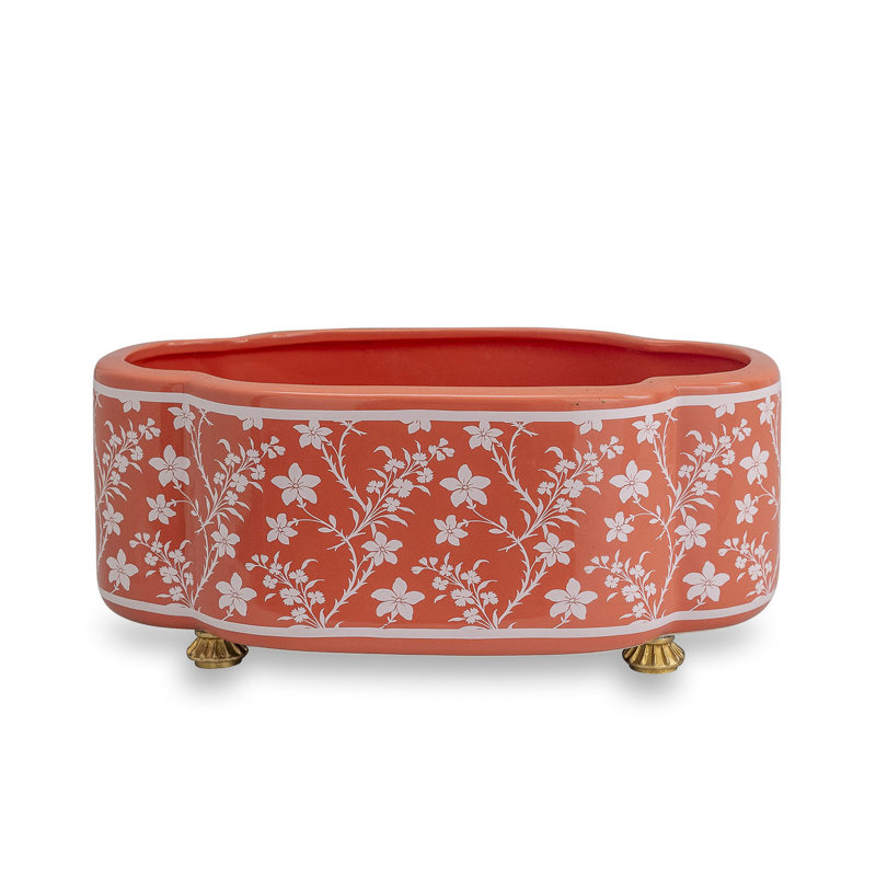 Foral Vine Stone Scallop Planter, Red