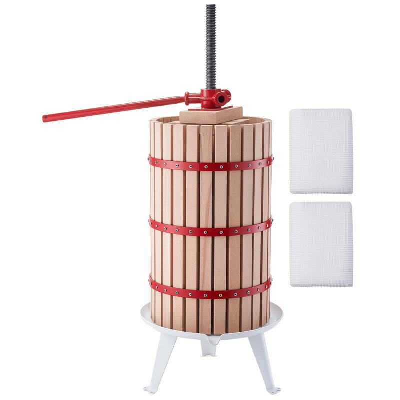 Fruit Wine Press, 7.93Gal/30L Manual Juice Maker, Solid Beech Wood Basket, Vintage Traditional Juicer with 6 Press Wooden Blocks, 2 Filter Bags, Heavy Duty Pole Handle Bar for Cider Apple Grape
