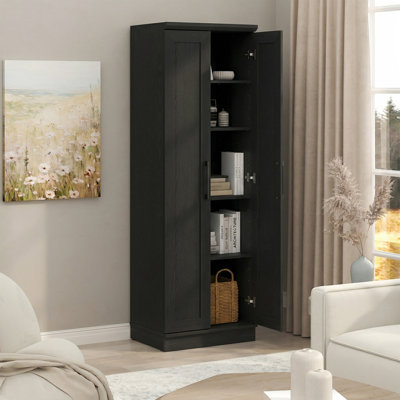 Armoire de rangement à 5 niveaux avec tablettes réglables, 58 cm de largeur, 2 portes de style Shaker, idéale pour la cuisine, le garde-manger, le salon ou le bureau. Finition en bois noir.