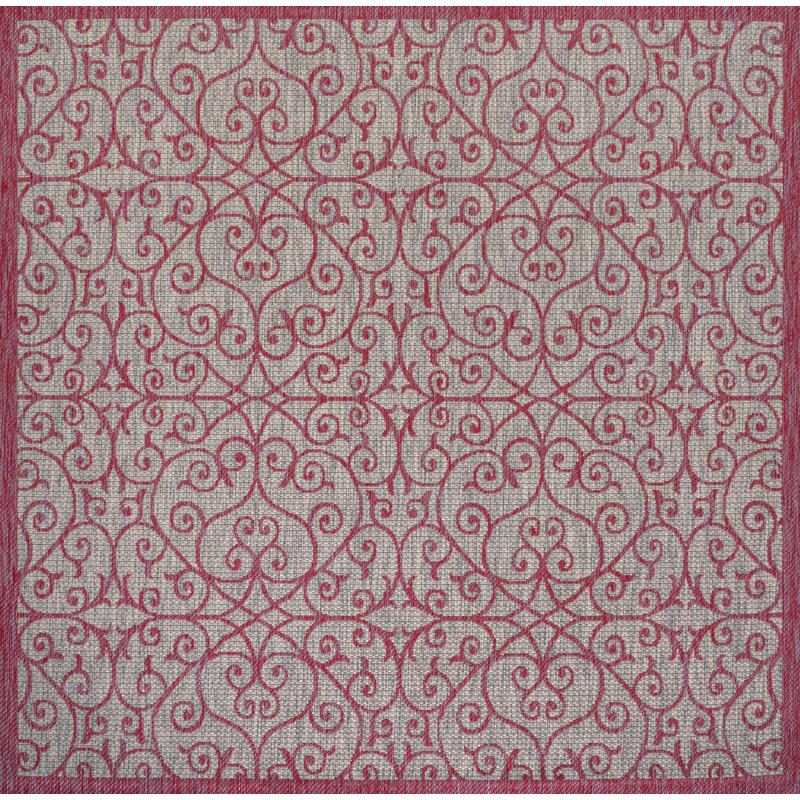 Deronte Vintage Filigree Textured Weave Light Gray/Fuchsia Indoor/Outdoor Rug, Square 5'3"