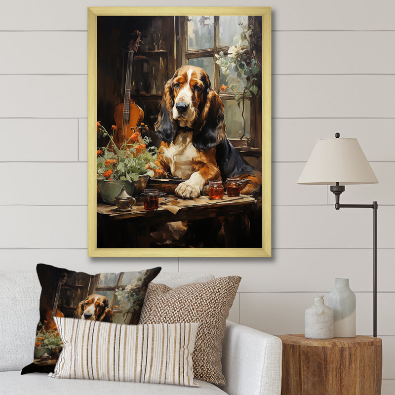 Basset hound Melody I sur toile, Cadre doré simple, H 44 po x l 34 po x P 1,5 po