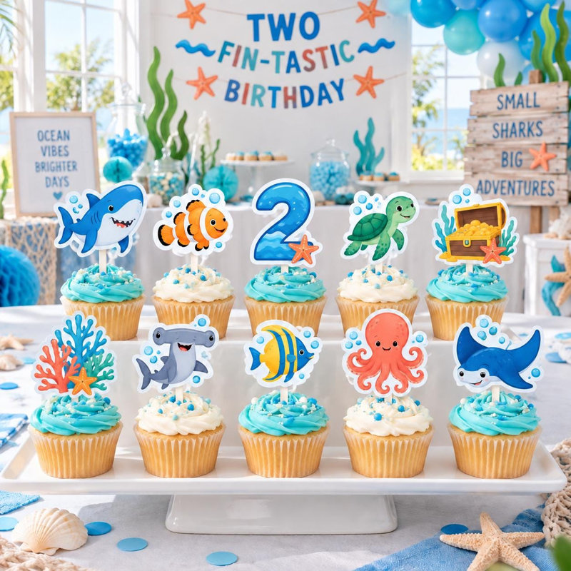 Décorations pour petits gâteaux Petits Requins, Pics en carton personnalisés pour anniversaire sur le thème de l'océan, Décorations pour une fête sur le thème des requins (Âge : 4)