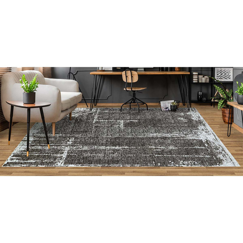 Tapis rectangulaire en laine noué à la main noir / blanc, Rectangle 6 pi x 9 pi