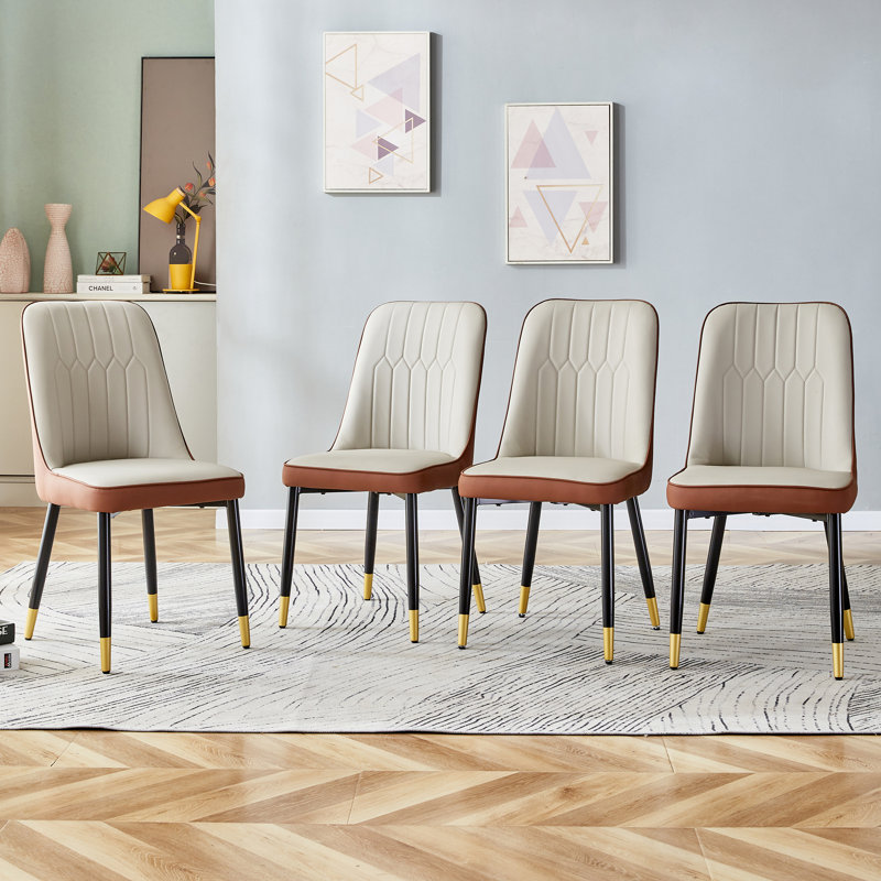 Chaises de salle à manger modernes en similicuir deux tons avec capitonnage géométrique et pieds en métal, Gris clair / Brun