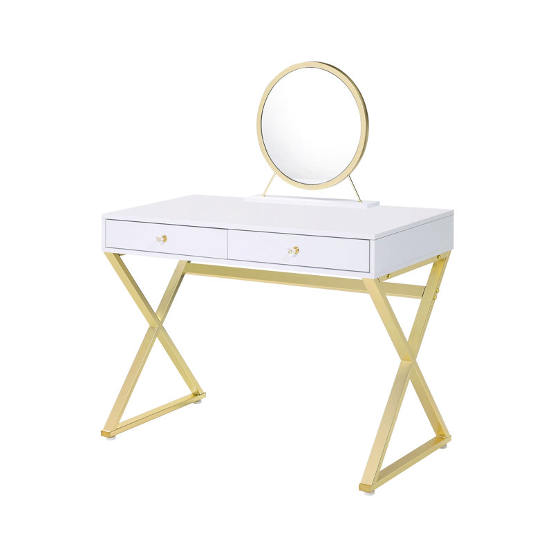 Rectangular White & Gold Finish Vanity Desk With Crystal Handle, Metal Frame, Mirror Jewellery Tray, 2 Drawers Centre Glide Featuring Accents, Form, Removeable Mirror, Storage