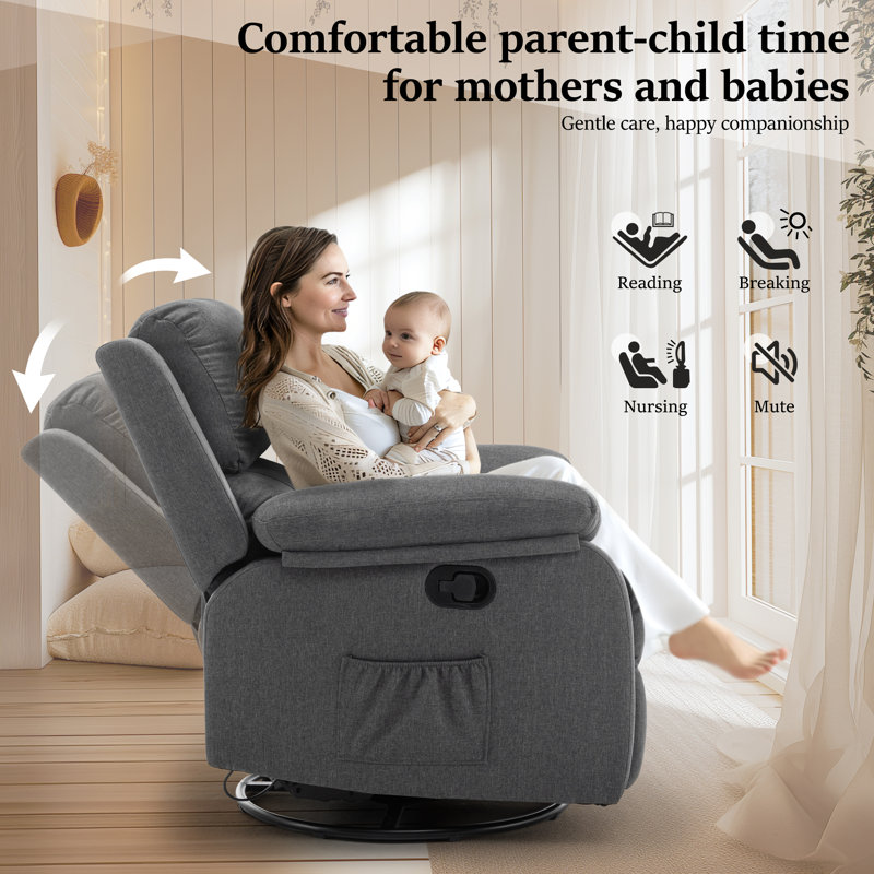 Gray Fabric Swivel Recliner with Side Pockets