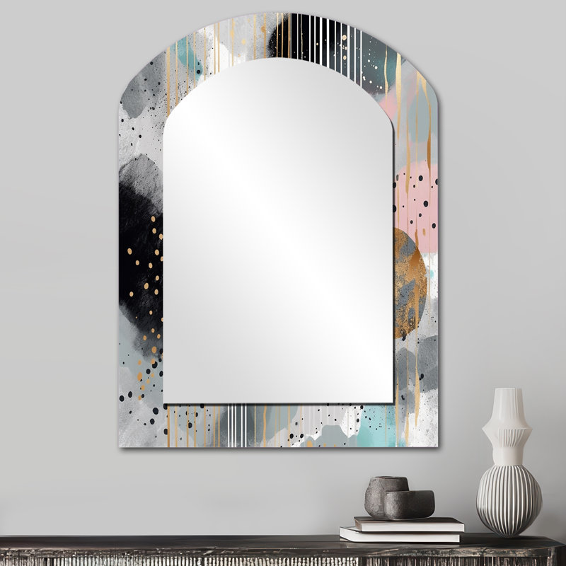 Grey and gold pastel Stripes Melody I - Shapes Arch Unique Wall Mirror, Modern Asymmetrical Mirror, Printed Metal Art