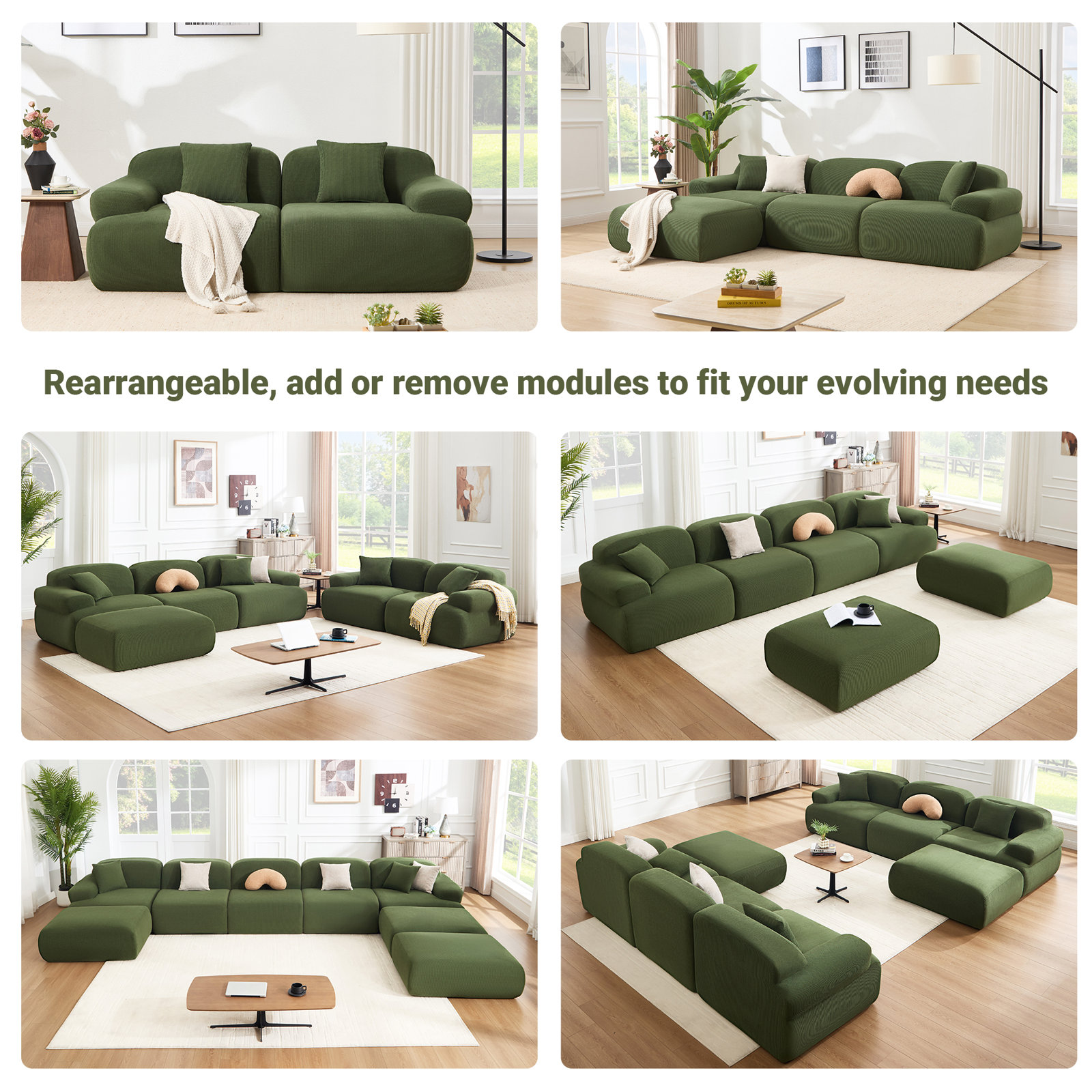 153.5" U Shaped Sectional Compression Chenille Corduroy Modular Sofa Oversized, Green Polyester Blend