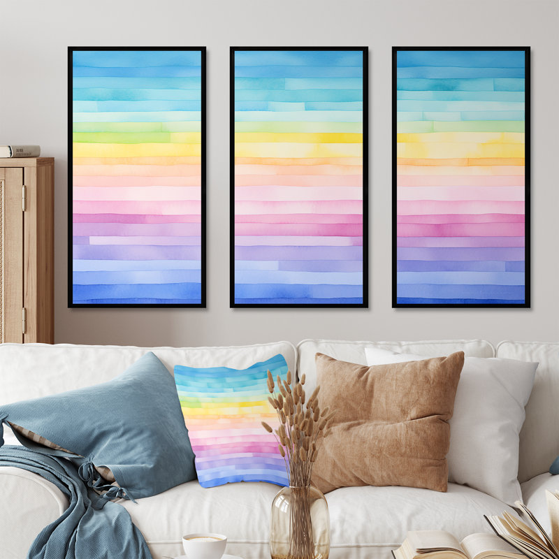 Rainbow Scenery Minimalisme Harmony - ensemble d'art mural toile arc-en-ciel, Cadre flottant noir, H 40 po x l 60 po x P 1 po