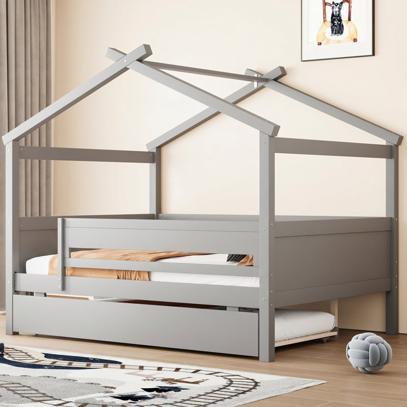 Lucky Furniture 56.5" W x 81.5" D x 65.4" H Solid Pinewood Full Size House Bed with Twin Trundle, Gray