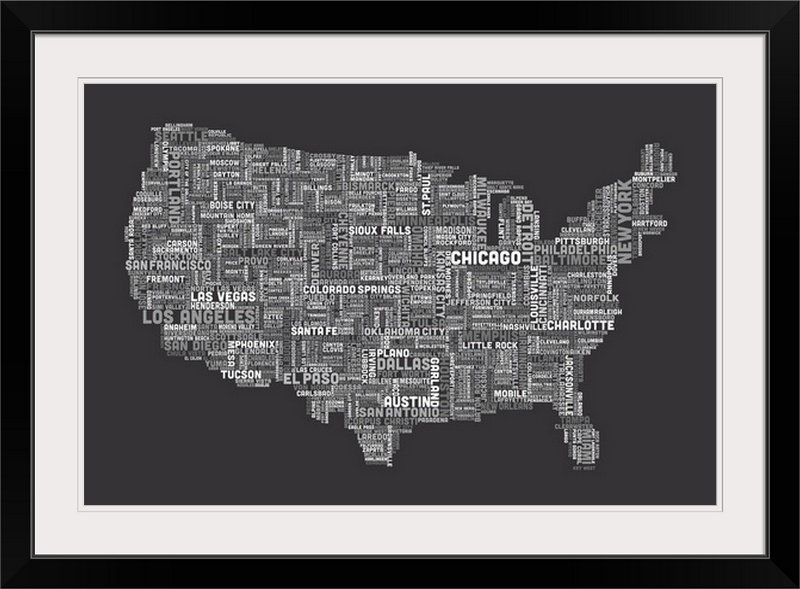 Art textuel de Francy, «États-Unis avec villes» par Abarca, H 20 po x l 26 po x P 1 po, Cadre noir, Pas de tapis