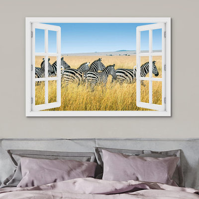 IDÉE4WALL, reproduction d'art sur toile, fenêtre, safari africain sauvage, zèbre, chevaux, animaux, photographie, réalisme, paysage rustique, coloré, multicolore, décor pour le salon, la chambre à coucher, le bureau