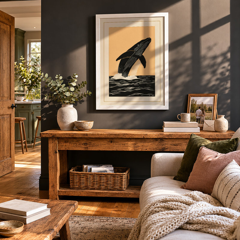Breaching Whale Coastal - Framed Print, A1 - 84.1 x 59.4 cm, White
