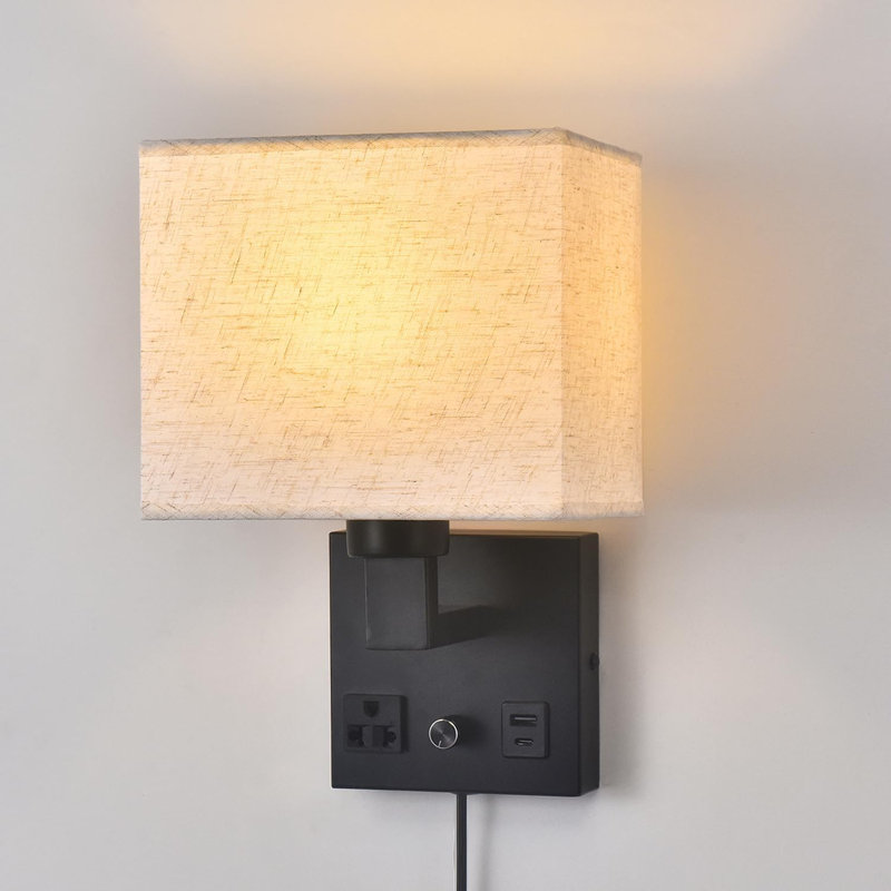 Applique murale de chevet pour chambre à coucher, applique murale à brancher - Interrupteur à intensité variable avec prise secteur et port de chargement USB, abat-jour en tissu, lampe murale noire pour salon, hôtel