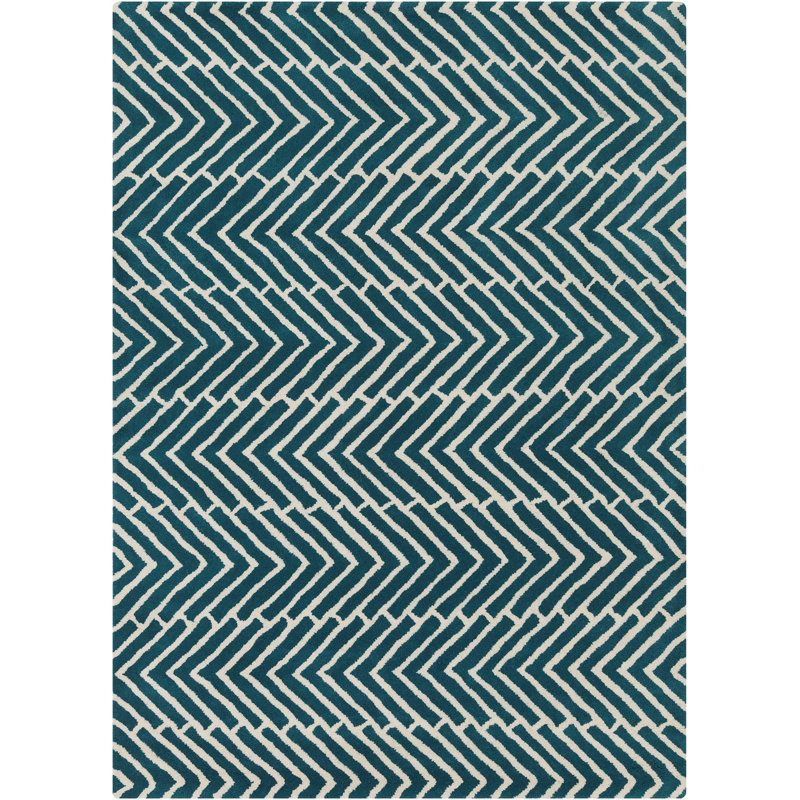 Tapis bleu et blanc à motif de chevrons touffeté à la main Davin, 5 pi x 7 pi