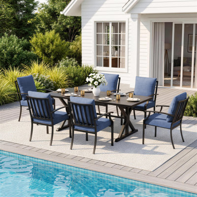 Bruyere 7-Piece Metal Patio Dining Set With Rectangular Dining Table And 6 Slat Back Dinning Chairs