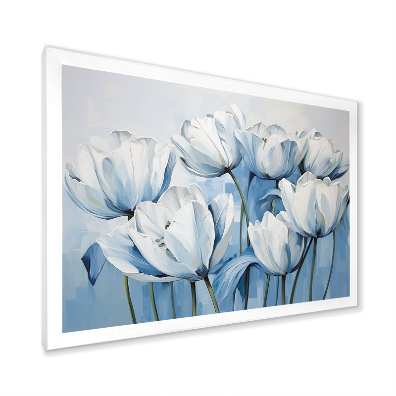 Minimalisme, tulipes bleues et blanches, coups de pinceau I sur toile, Cadre simple blanc, H 34 po x l 44 po x P 1,5 po