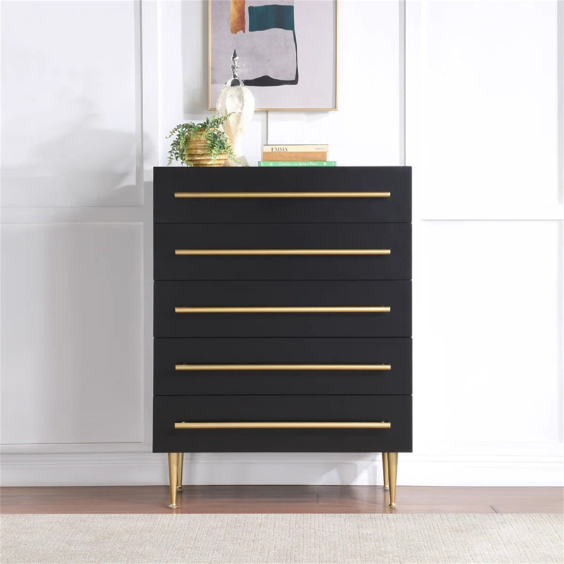 Commode contemporaine à 5 tiroirs avec détails dorés, commode 1 pièce pour chambre à coucher, unité de rangement en bois, noir