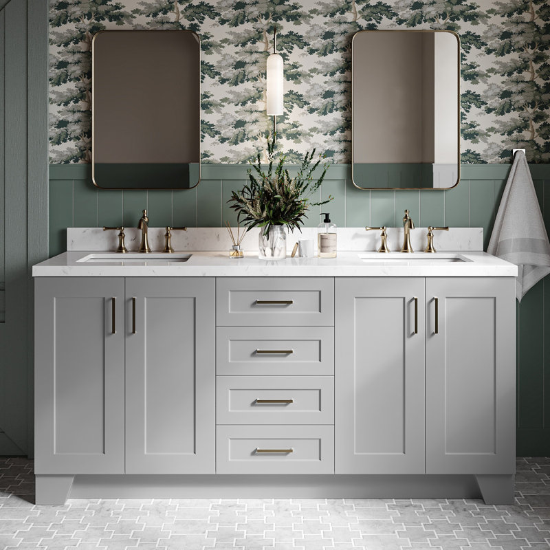 Meuble-lavabo double en bois massif gris Freitas de 72 po avec comptoir en quartz blanc Carrara de 1,5 po, évier central rectangulaire