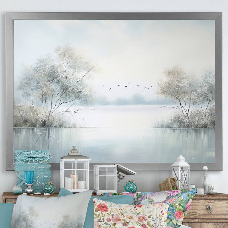 «Lakeside Winter Serenity - Lakes & Rivers», art mural sur toile, H 12 po x l 20 po x P 1 po, Cadre simple argenté