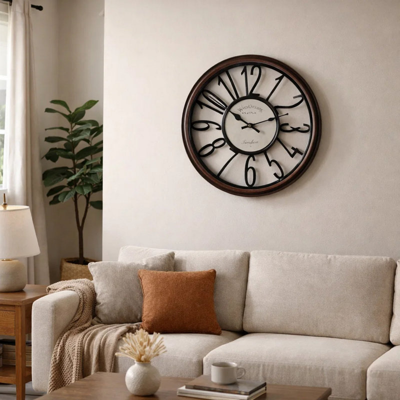 Horloge murale, cadre squelette de 16 pouces en brun antique, chiffres noirs