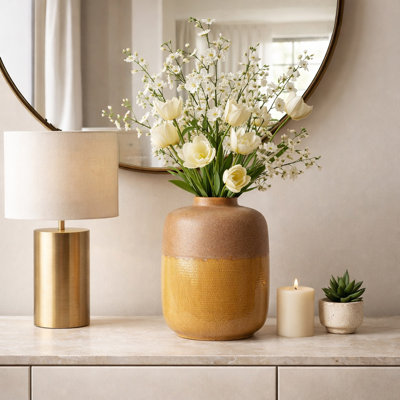 Contemporary Round Ceramic Tall Flower Vase with Glazed Finish for Home Decor - Modern Table Vase for Living Room or Entryway Accent - Brown & Yellow