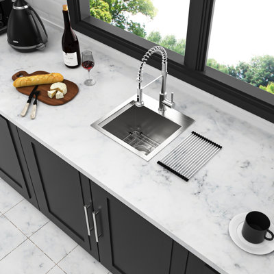 15 Inch Drop - In Stainless Steel 18 Gauge Workstation Kitchen Sink, Single Basin With Protective Coating, Slope Around Water Hole For Drainage, Ledges Versatile Use, Package Includes Rollup Rack And
