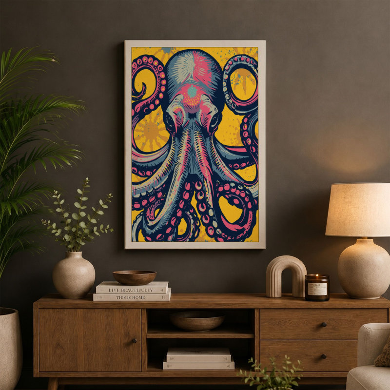 Ornamental Octopus Art Deco - Wrapped Canvas, 36x24 - 91.4 x 61.0 cm, Black Border