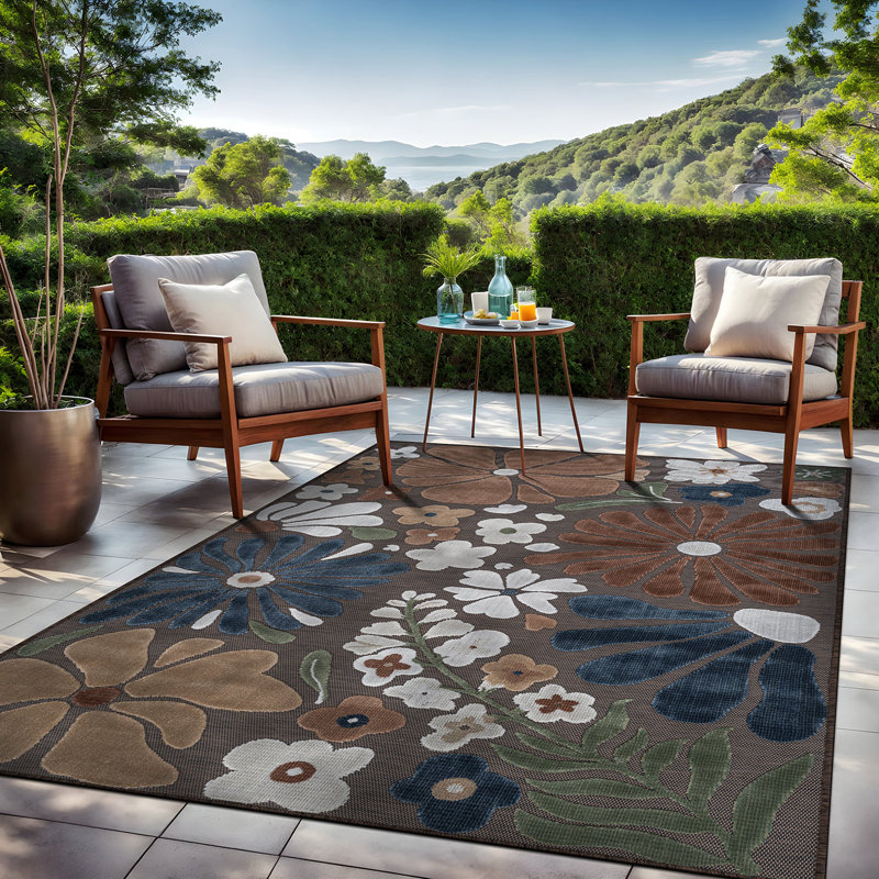 Tapis floral d'intérieur pour l'extérieur, Brown, Rectangle 10' x 14'