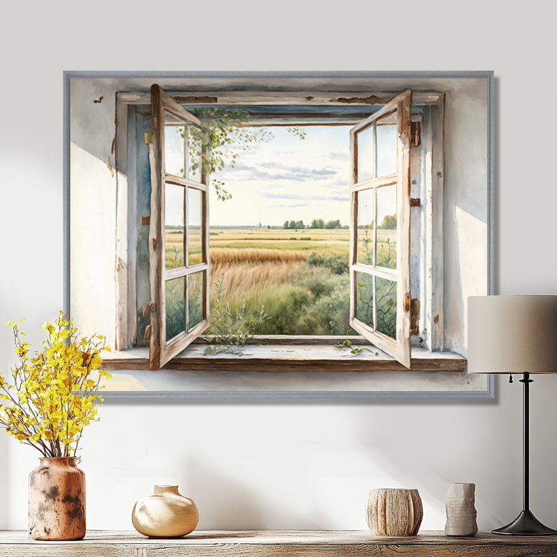 «Window to Landscape Views IV - Farm Landscape», art mural, 24" H x 32" W, Encadrement argenté