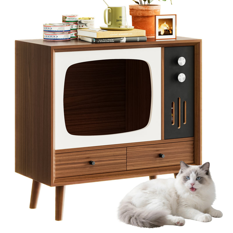 Mobilier de maison de chat en noyer rétro, salon de chat en bois en forme de télé avec tiroirs pour le salon