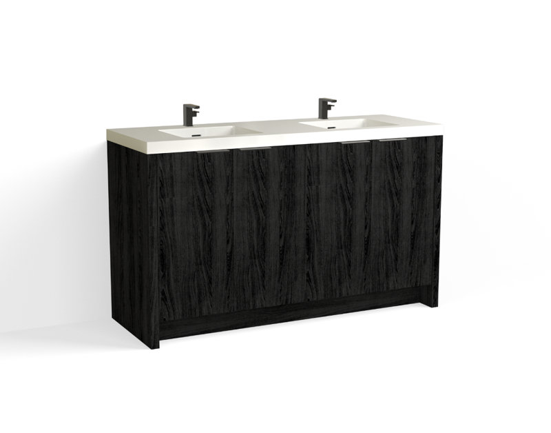Mesa 60" W Freestanding Double Bathroom Vanity , White Gloss, White Nanomatte/Satin Brass, Single-Hole