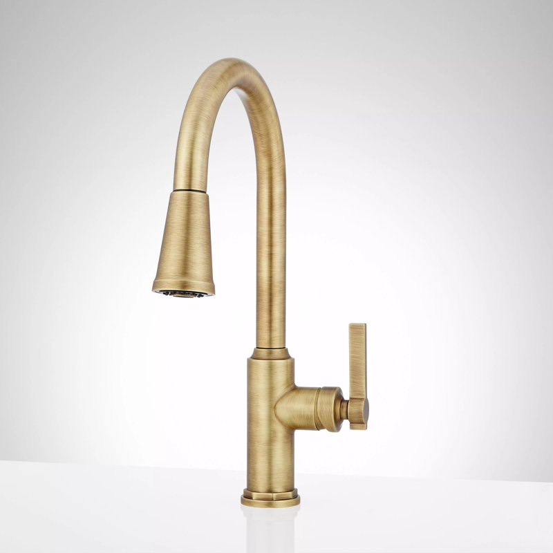 Greyfield 1.8 GPM Single Hole Pull Down Kitchen Faucet, Aged Brass