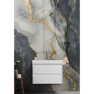 Grey Marble Wallpaper with Gold Veins - Peel And Stick Elegant Abstract Stone Texture Mural for Living Room, Bedroom, Modern Interior Walls