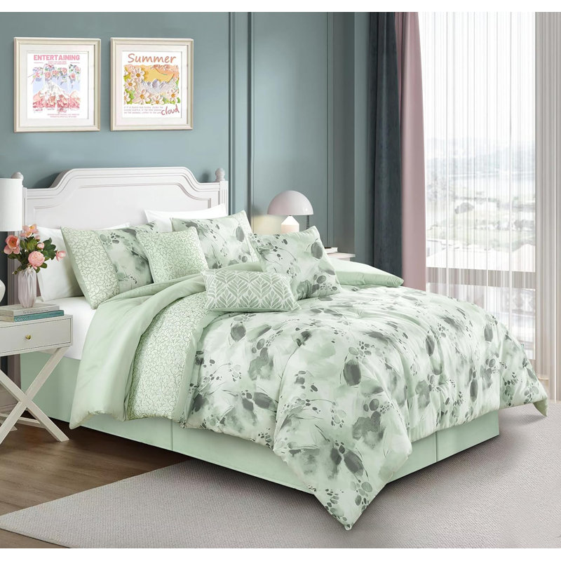 Allery Floral Botanical Embroidered Comforter Set, White/Soft Green, Queen Comforter + 6 Additional Pieces