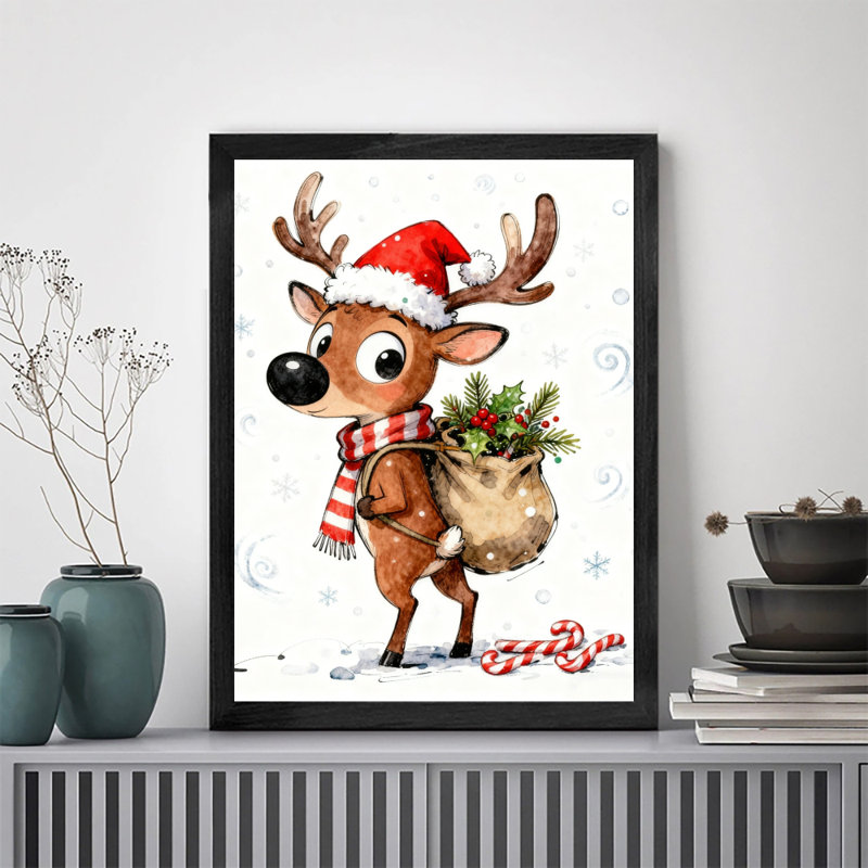 Noir rétro encadré noir de Noël, aquarelle drôle de cerf, impressions encadrées de style rétro, H 25 po x l 17 po