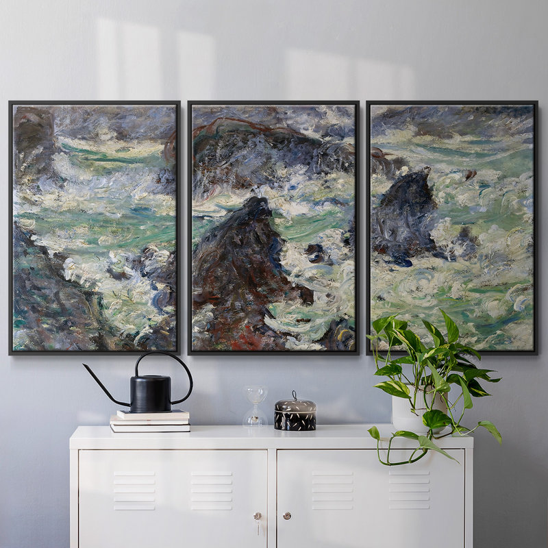 Tempête sur la côte de Belle - 3 pièces, reproduction sur toile, Noir, H 36 po x l 75 po x P 2 po