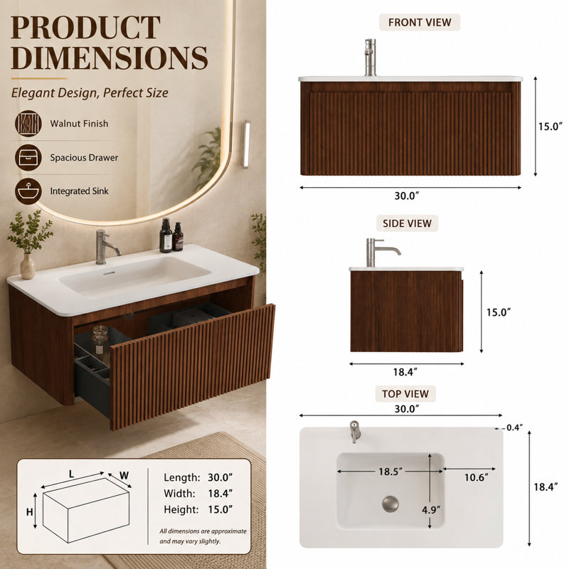 Single Bathroom Vanity with Solid Surface Top, Noyer, 30"