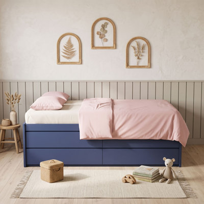 Wooden Platform Bed with Slat Support, Drawers and Side Storage Door