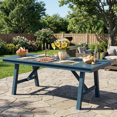 Outdoor Dining Table for 4-6, HDPE All-Weather Rectangular Patio Table with Umbrella Hole & Triangular Legs, 66.9" Long Waterproof Garden Dining Table for Backyard, Deck, Navy Blue
