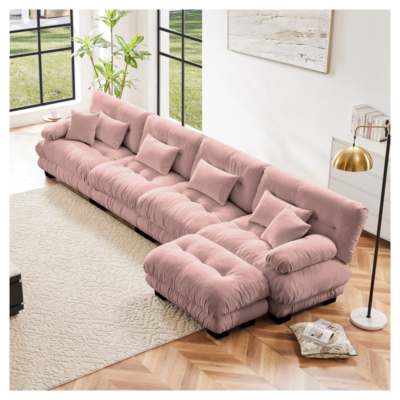 Canapé modulaire en chenille rose, canapé en forme de L à 4 places avec repose-pieds convertible pour le salon